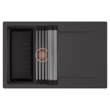 HD Onyx Antracit 78 egymedencés mosogatótálca szett, acél csepegtetőráccsal és matt fekete kosárral, csepegtetőtálcával, matt antracit színben, szálcsiszolt réz leeresztő szifonnal