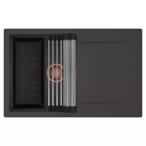 HD Onyx Antracit 78 egymedencés mosogatótálca szett, acél csepegtetőráccsal és matt fekete kosárral, csepegtetőtálcával, matt antracit színben, szálcsiszolt réz leeresztő szifonnal