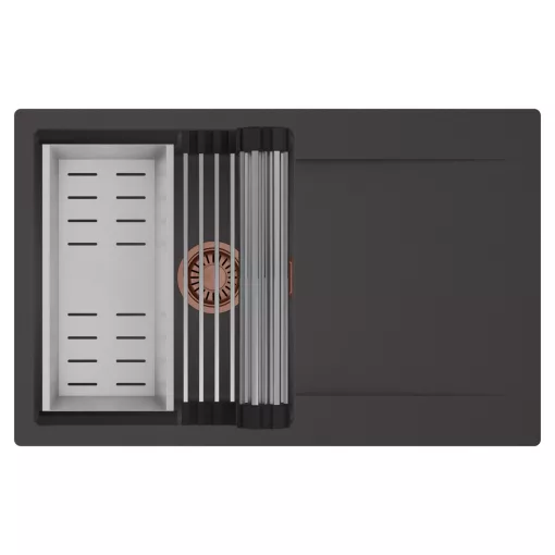 HD Onyx Antracit 78 egymedencés mosogatótálca szett, acél csepegtetőráccsal és kosárral, csepegtetőtálcával, matt antracit színben, szálcsiszolt réz leeresztő szifonnal