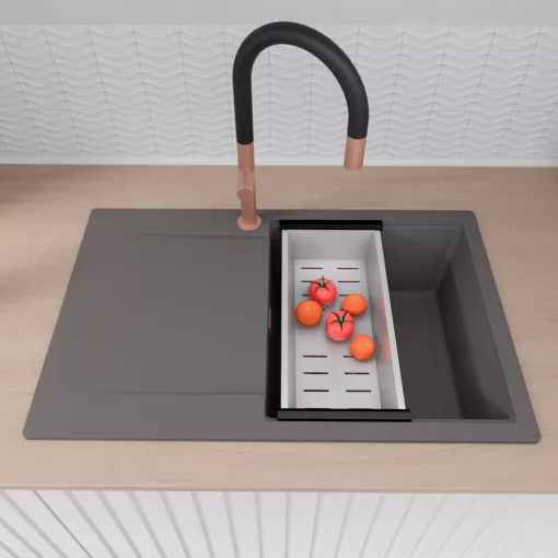 HD Onyx Antracit 78 egymedencés mosogatótálca szett, acél csepegtetőráccsal és kosárral, csepegtetőtálcával, matt antracit színben, szálcsiszolt réz leeresztő szifonnal