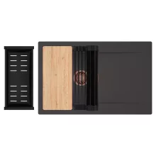 HD Onyx Antracit 78 egymedencés gránit mosogatótálca szett, csepegtetőtálcával, vágódeszkával, matt fekete csepegtetőráccsal és kosárral, matt antracit színben, szálcsiszolt réz leeresztő szifonnal