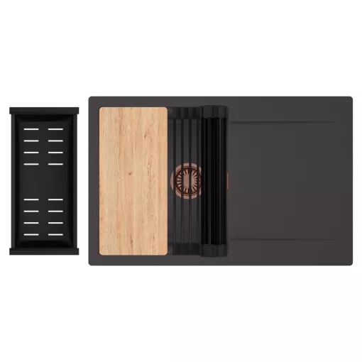 HD Onyx Antracit 78 egymedencés gránit mosogatótálca szett, csepegtetőtálcával, vágódeszkával, matt fekete csepegtetőráccsal és kosárral, matt antracit színben, szálcsiszolt réz leeresztő szifonnal