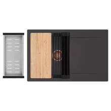 HD Onyx Antracit 78 egymedencés gránit mosogatótálca szett, csepegtetőtálcával, vágódeszkával, matt fekete csepegtetőráccsal és krómozott kosárral, matt antracit színben, szálcsiszolt réz leeresztő szifonnal