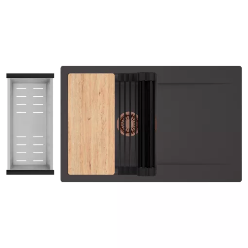 HD Onyx Antracit 78 egymedencés gránit mosogatótálca szett, csepegtetőtálcával, vágódeszkával, matt fekete csepegtetőráccsal és krómozott kosárral, matt antracit színben, szálcsiszolt réz leeresztő szifonnal