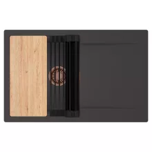 HD Onyx Antracit 78 egymedencés gránit mosogatótálca szett, csepegtetőtálcával, vágódeszkával, matt fekete csepegtetőráccsal, matt antracit színben, szálcsiszolt réz leeresztő szifonnal