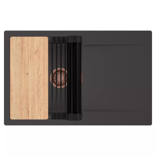 HD Onyx Antracit 78 egymedencés gránit mosogatótálca szett, csepegtetőtálcával, vágódeszkával, matt fekete csepegtetőráccsal, matt antracit színben, szálcsiszolt réz leeresztő szifonnal