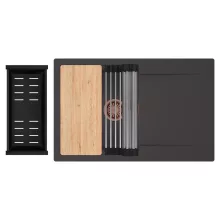 HD Onyx Antracit 78 egymedencés gránit mosogatótálca szett, csepegtetőtálcával, vágódeszkával, acél csepegtetőráccsal és matt fekete kosárral, matt antracit színben, szálcsiszolt réz leeresztő szifonnal