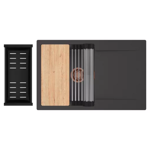 HD Onyx Antracit 78 egymedencés gránit mosogatótálca szett, csepegtetőtálcával, vágódeszkával, acél csepegtetőráccsal és matt fekete kosárral, matt antracit színben, szálcsiszolt réz leeresztő szifonnal