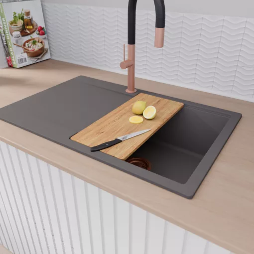 HD Onyx Antracit 78 egymedencés gránit mosogatótálca szett, csepegtetőtálcával, vágódeszkával, acél csepegtetőráccsal és matt fekete kosárral, matt antracit színben, szálcsiszolt réz leeresztő szifonnal