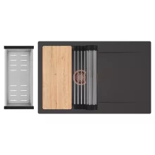 HD Onyx Antracit 78 egymedencés gránit mosogatótálca szett, csepegtetőtálcával, vágódeszkával, acél csepegtetőráccsal és kosárral, matt antracit színben, szálcsiszolt réz leeresztő szifonnal