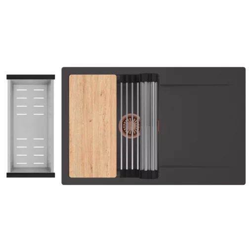 HD Onyx Antracit 78 egymedencés gránit mosogatótálca szett, csepegtetőtálcával, vágódeszkával, acél csepegtetőráccsal és kosárral, matt antracit színben, szálcsiszolt réz leeresztő szifonnal