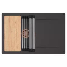 HD Onyx Antracit 78 egymedencés gránit mosogatótálca szett, csepegtetőtálcával, vágódeszkával, acél csepegtetőráccsal, matt antracit színben, szálcsiszolt réz leeresztő szifonnal