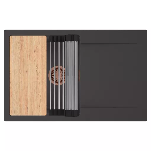 HD Onyx Antracit 78 egymedencés gránit mosogatótálca szett, csepegtetőtálcával, vágódeszkával, acél csepegtetőráccsal, matt antracit színben, szálcsiszolt réz leeresztő szifonnal