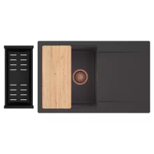 HD Onyx Antracit 78 egymedencés gránit mosogatótálca szett, csepegtetőtálcával, vágódeszkával, matt fekete csepegtetőkosárral, matt antracit színben, szálcsiszolt réz leeresztő szifonnal