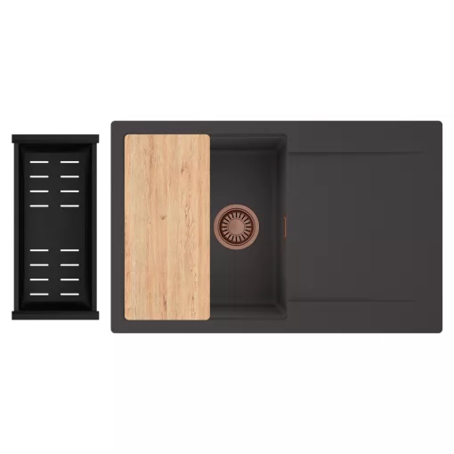 HD Onyx Antracit 78 egymedencés gránit mosogatótálca szett, csepegtetőtálcával, vágódeszkával, matt fekete csepegtetőkosárral, matt antracit színben, szálcsiszolt réz leeresztő szifonnal