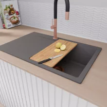 HD Onyx Antracit 78 egymedencés gránit mosogatótálca szett, csepegtetőtálcával, vágódeszkával, matt fekete csepegtetőkosárral, matt antracit színben, szálcsiszolt réz leeresztő szifonnal