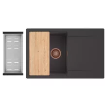 HD Onyx Antracit 78 egymedencés gránit mosogatótálca szett, csepegtetőtálcával, vágódeszkával, acél csepegtetőkosárral, matt antracit színben, szálcsiszolt réz leeresztő szifonnal