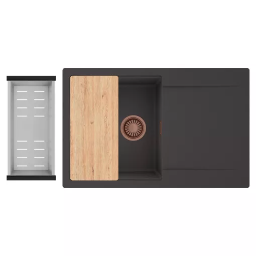 HD Onyx Antracit 78 egymedencés gránit mosogatótálca szett, csepegtetőtálcával, vágódeszkával, acél csepegtetőkosárral, matt antracit színben, szálcsiszolt réz leeresztő szifonnal
