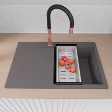 HD Onyx Antracit 78 egymedencés gránit mosogatótálca szett, csepegtetőtálcával, vágódeszkával, acél csepegtetőkosárral, matt antracit színben, szálcsiszolt réz leeresztő szifonnal