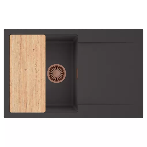 HD Onyx Antracit 78 egymedencés gránit mosogatótálca, vágódeszkával, matt antracit színben, szálcsiszolt réz leeresztő szifonnal