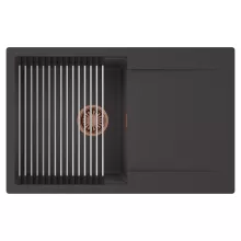 HD Onyx Antracit 78 egymedencés mosogatótálca szett, acél csepegtetőráccsal, csepegtetőtálcával, matt antracit színben, szálcsiszolt réz leeresztő szifonnal