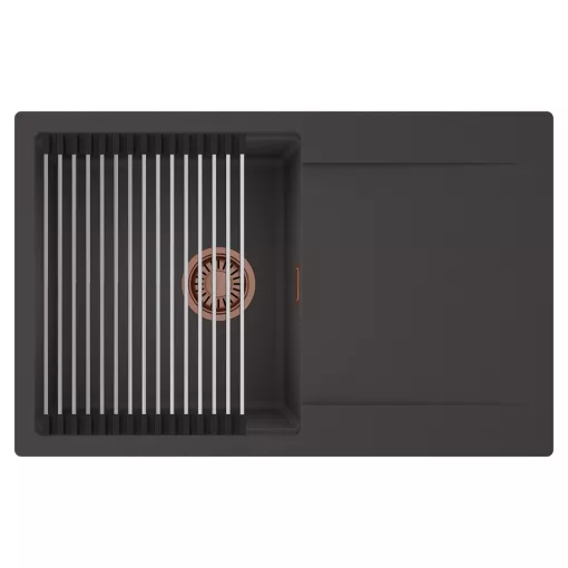 HD Onyx Antracit 78 egymedencés mosogatótálca szett, acél csepegtetőráccsal, csepegtetőtálcával, matt antracit színben, szálcsiszolt réz leeresztő szifonnal