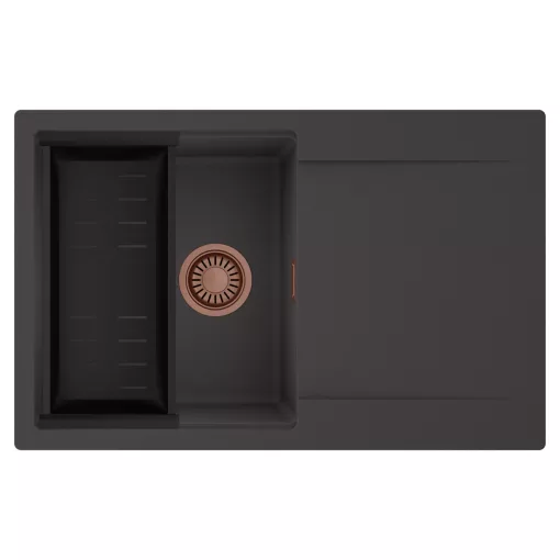 HD Onyx Antracit 78 egymedencés mosogatótálca szett, matt fekete csepegtetőkosárral, csepegtetőtálcával, matt antracit színben, szálcsiszolt réz leeresztő szifonnal