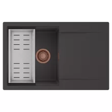 HD Onyx Antracit 78 egymedencés mosogatótálca szett, acél csepegtetőkosárral, csepegtetőtálcával, matt antracit színben, szálcsiszolt réz leeresztő szifonnal