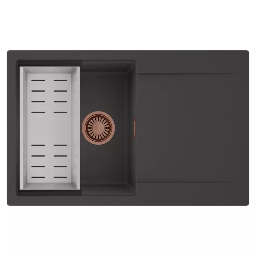 HD Onyx Antracit 78 egymedencés mosogatótálca szett, acél csepegtetőkosárral, csepegtetőtálcával, matt antracit színben, szálcsiszolt réz leeresztő szifonnal