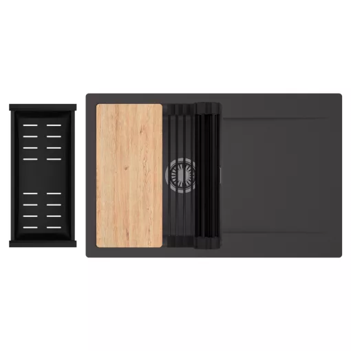 HD Onyx Antracit 78 egymedencés gránit mosogatótálca szett, csepegtetőtálcával, vágódeszkával, matt fekete csepegtetőráccsal és kosárral, matt antracit színben