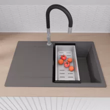 HD Onyx Antracit 78 egymedencés gránit mosogatótálca szett, csepegtetőtálcával, vágódeszkával, matt fekete csepegtetőráccsal és krómozott kosárral, matt antracit színben