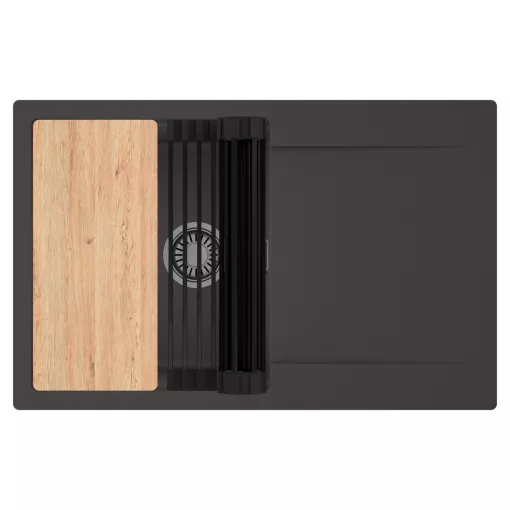 HD Onyx Antracit 78 egymedencés gránit mosogatótálca szett, csepegtetőtálcával, vágódeszkával, matt fekete csepegtetőráccsal, matt antracit színben