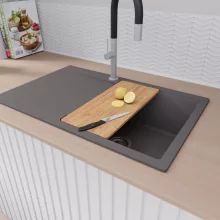 HD Onyx Antracit 78 egymedencés gránit mosogatótálca szett, csepegtetőtálcával, vágódeszkával, matt fekete csepegtetőráccsal, matt antracit színben