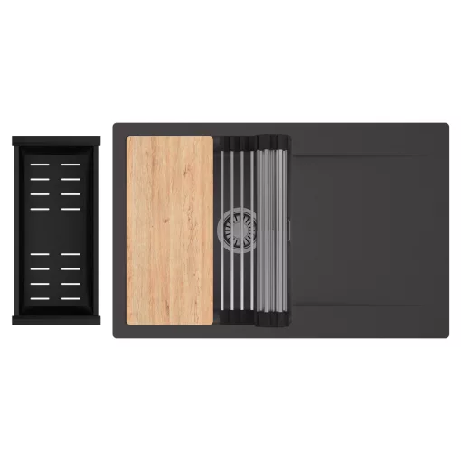 HD Onyx Antracit 78 egymedencés gránit mosogatótálca szett, csepegtetőtálcával, vágódeszkával, acél csepegtetőráccsal és matt fekete kosárral, matt antracit színben