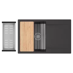   HD Onyx Antracit 78 egymedencés gránit mosogatótálca szett, csepegtetőtálcával, vágódeszkával, acél csepegtetőráccsal és kosárral, matt antracit színben