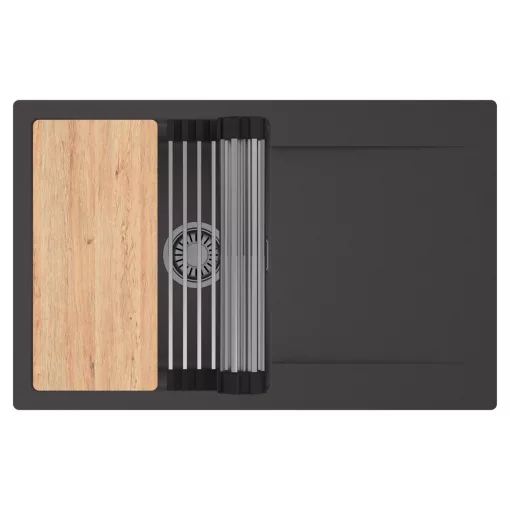 HD Onyx Antracit 78 egymedencés gránit mosogatótálca szett, csepegtetőtálcával, vágódeszkával, acél csepegtetőráccsal, matt antracit színben