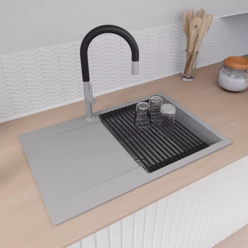 HD Onyx Grey 78 egymedencés mosogatótálca szett, matt fekete csepegtetőráccsal és krómozott kosárral, csepegtetőtálcával, alpesi szürke színben, szálcsiszolt króm leeresztő szifonnal