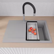 HD Onyx Grey 78 egymedencés mosogatótálca szett, matt fekete csepegtetőráccsal és krómozott kosárral, csepegtetőtálcával, alpesi szürke színben, szálcsiszolt króm leeresztő szifonnal