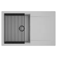 HD Onyx Grey 78 egymedencés mosogatótálca szett, matt fekete csepegtetőráccsal, csepegtetőtálcával, alpesi szürke színben, szálcsiszolt króm leeresztő szifonnal