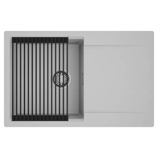 HD Onyx Grey 78 egymedencés mosogatótálca szett, matt fekete csepegtetőráccsal, csepegtetőtálcával, alpesi szürke színben, szálcsiszolt króm leeresztő szifonnal