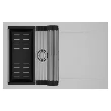 HD Onyx Grey 78 egymedencés mosogatótálca szett, acél csepegtetőráccsal és matt fekete kosárral, csepegtetőtálcával, alpesi szürke színben, szálcsiszolt króm leeresztő szifonnal