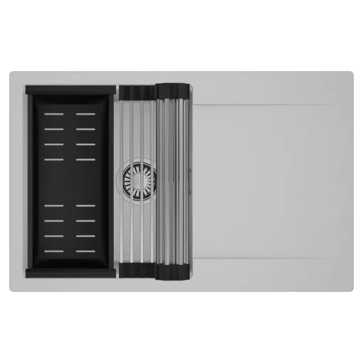 HD Onyx Grey 78 egymedencés mosogatótálca szett, acél csepegtetőráccsal és matt fekete kosárral, csepegtetőtálcával, alpesi szürke színben, szálcsiszolt króm leeresztő szifonnal