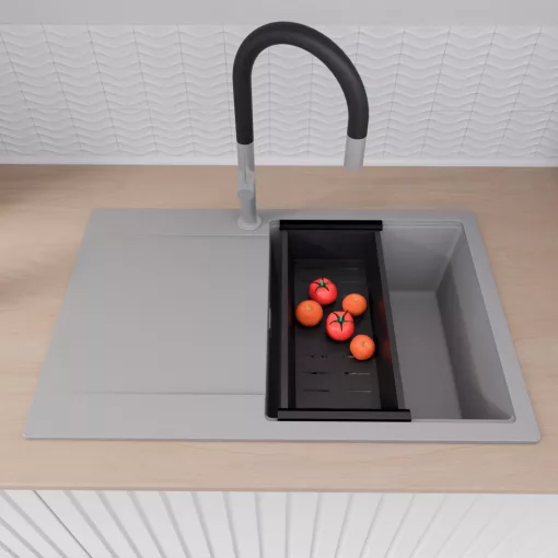 HD Onyx Grey 78 egymedencés mosogatótálca szett, acél csepegtetőráccsal és matt fekete kosárral, csepegtetőtálcával, alpesi szürke színben, szálcsiszolt króm leeresztő szifonnal