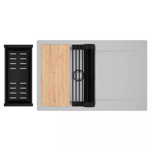 HD Onyx Grey 78 egymedencés gránit mosogatótálca szett, csepegtetőtálcával, vágódeszkával, matt fekete csepegtetőráccsal és kosárral, alpesi szürke színben, szálcsiszolt króm leeresztő szifonnal