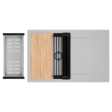 HD Onyx Grey 78 egymedencés gránit mosogatótálca szett, csepegtetőtálcával, vágódeszkával, matt fekete csepegtetőráccsal és krómozott kosárral, alpesi szürke színben, szálcsiszolt króm leeresztő szifonnal