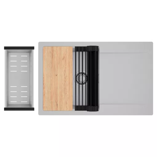 HD Onyx Grey 78 egymedencés gránit mosogatótálca szett, csepegtetőtálcával, vágódeszkával, matt fekete csepegtetőráccsal és krómozott kosárral, alpesi szürke színben, szálcsiszolt króm leeresztő szifonnal