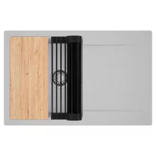 HD Onyx Grey 78 egymedencés gránit mosogatótálca szett, csepegtetőtálcával, vágódeszkával, matt fekete csepegtetőráccsal, alpesi szürke színben, szálcsiszolt króm leeresztő szifonnal