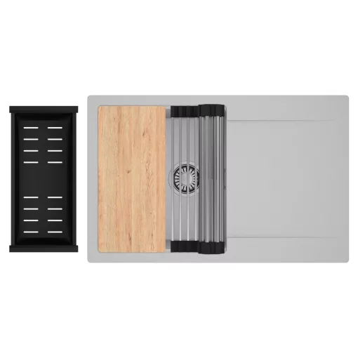 HD Onyx Grey 78 egymedencés gránit mosogatótálca szett, csepegtetőtálcával, vágódeszkával, acél csepegtetőráccsal és matt fekete kosárral, alpesi szürke színben, szálcsiszolt króm leeresztő szifonnal