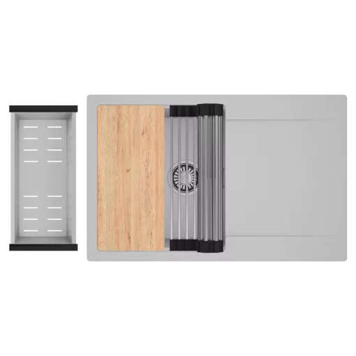 HD Onyx Grey 78 egymedencés gránit mosogatótálca szett, csepegtetőtálcával, vágódeszkával, acél csepegtetőráccsal és kosárral, alpesi szürke színben, szálcsiszolt króm leeresztő szifonnal