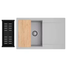 HD Onyx Grey 78 egymedencés gránit mosogatótálca szett, csepegtetőtálcával, vágódeszkával, matt fekete csepegtetőkosárral, alpesi szürke színben, szálcsiszolt króm leeresztő szifonnal